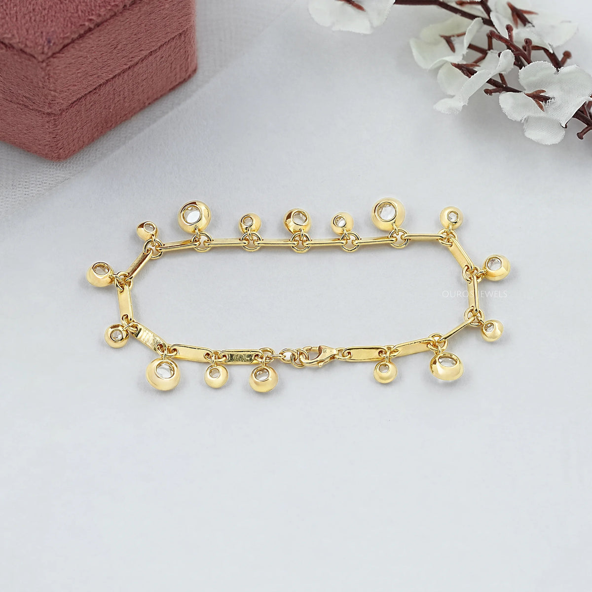 Bezel Set Rose Cut Lab Diamond Charm Bracelet