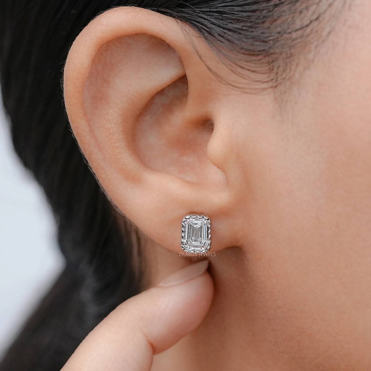 Emerald Cut Lab Diamond Milgrain Set Stud Earrings Earrings