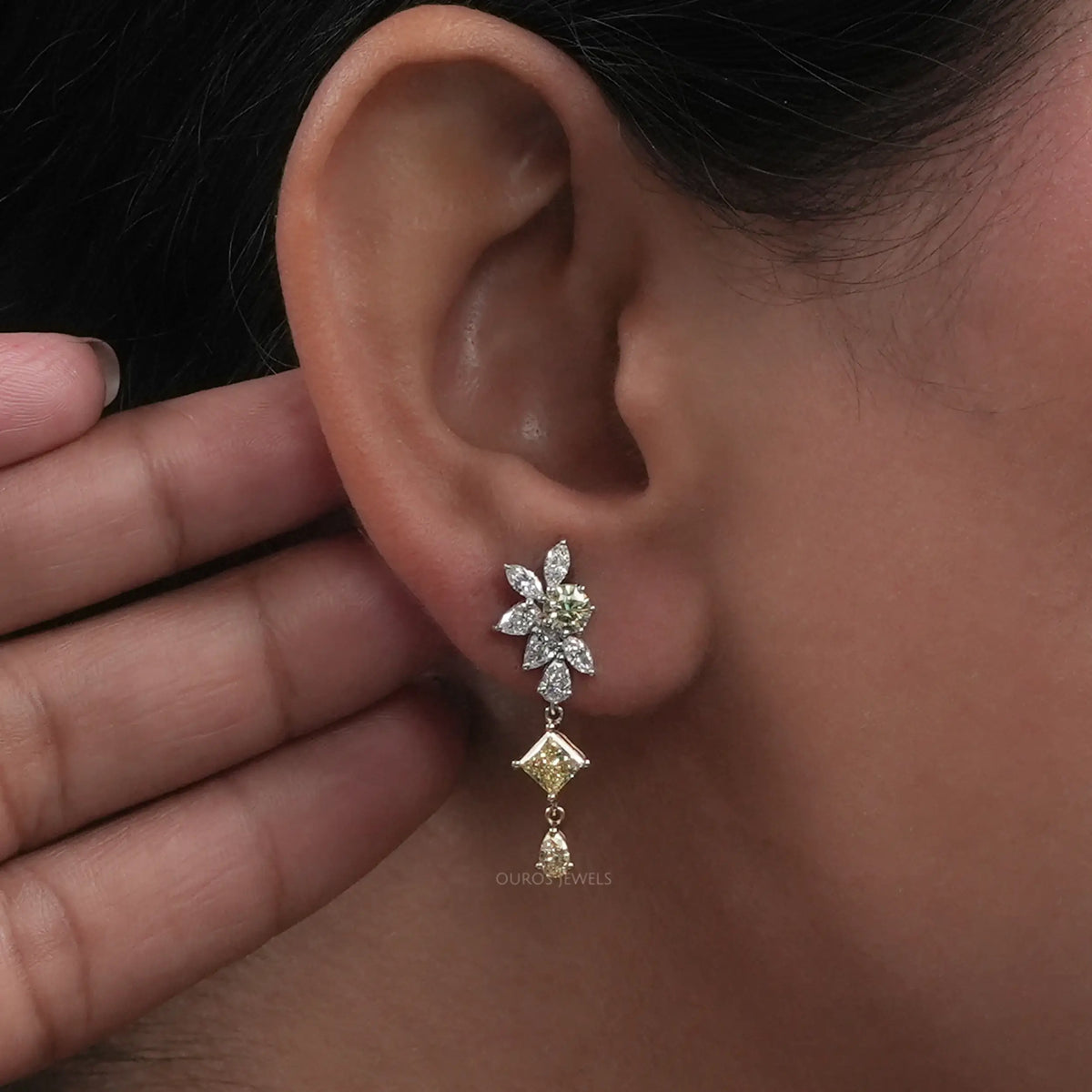 Yellow And White Diamond Floral Drop Earrings Earrings