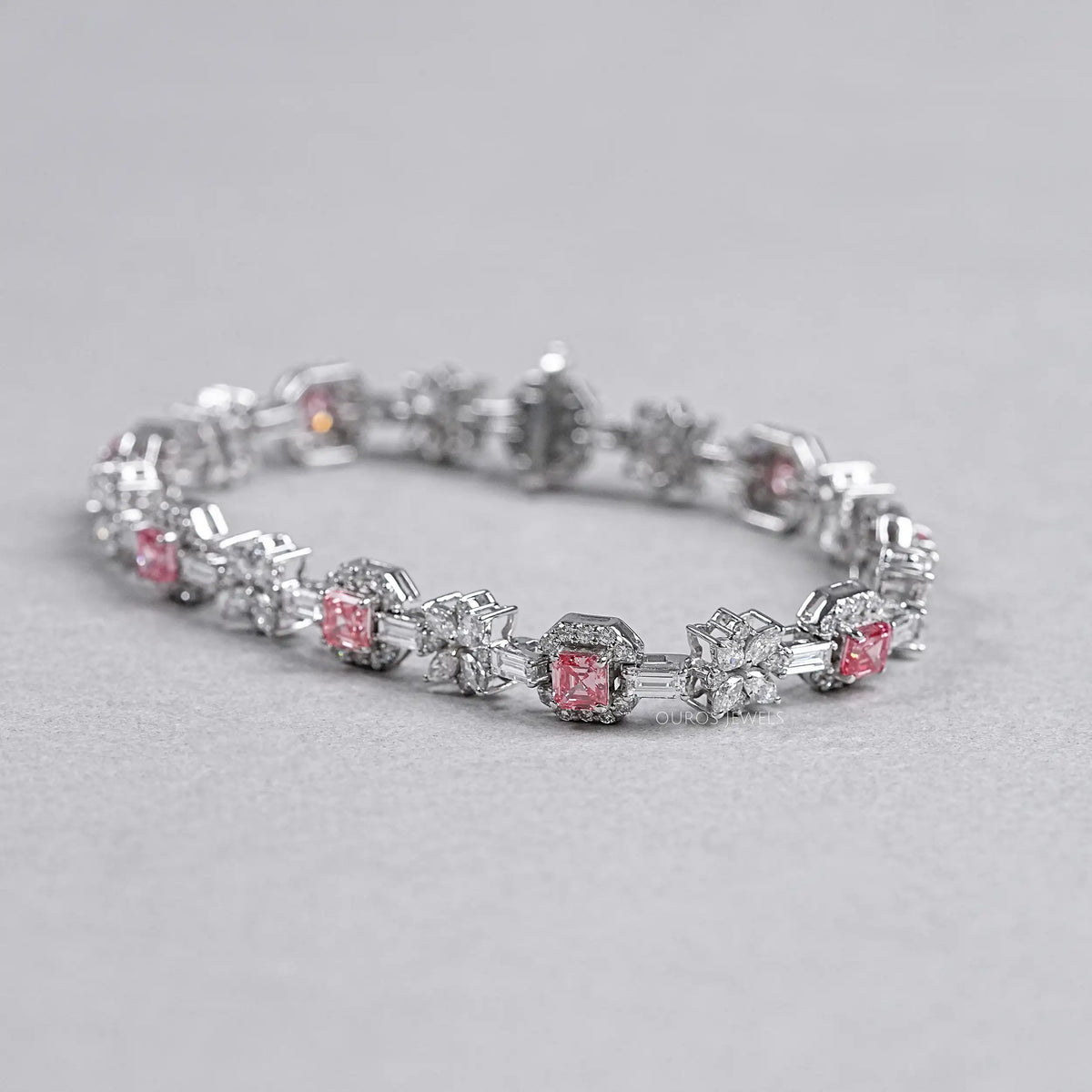 Flower And Pink Asscher Diamond Tennis Bracelet Bracelet