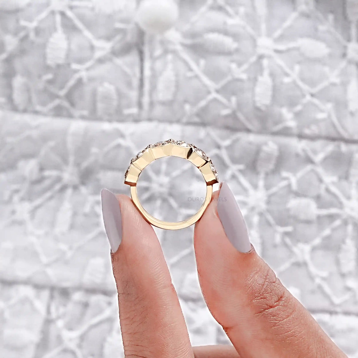 OEC Round Cut Lab Diamond Half Eternity & Half Bezel Set Band Ring