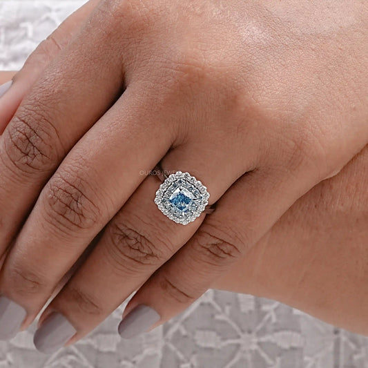 Blue Cushion Cut Lab Diamond Double Halo Ring Ring