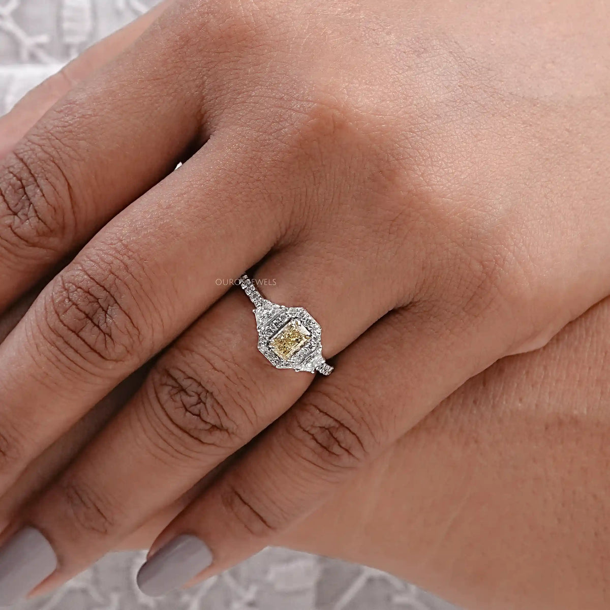 Yellow Radiant Cut Lab Diamond Halo Accent Ring Ring