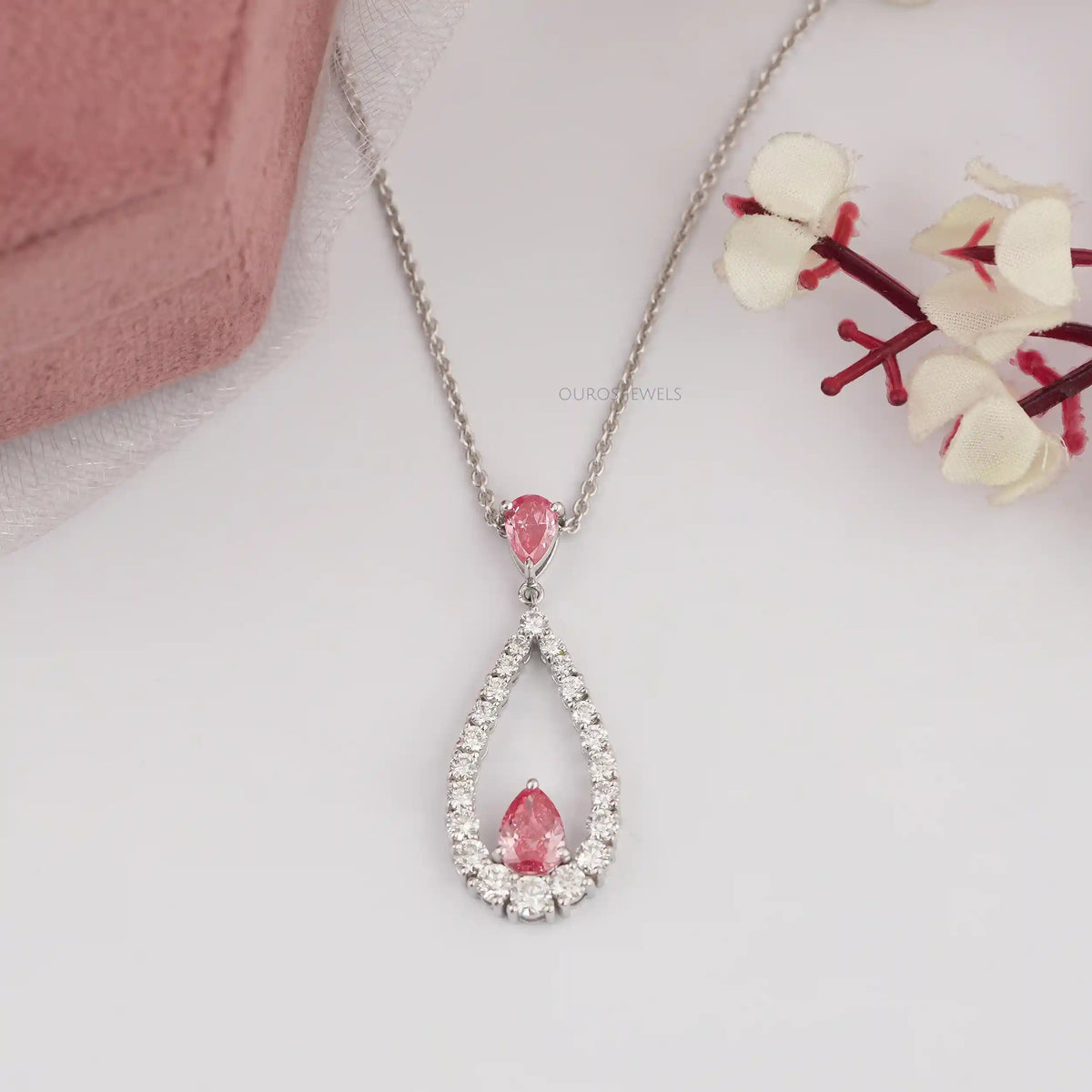 Pink Pear Diamond Open Shape Pendant Necklaces