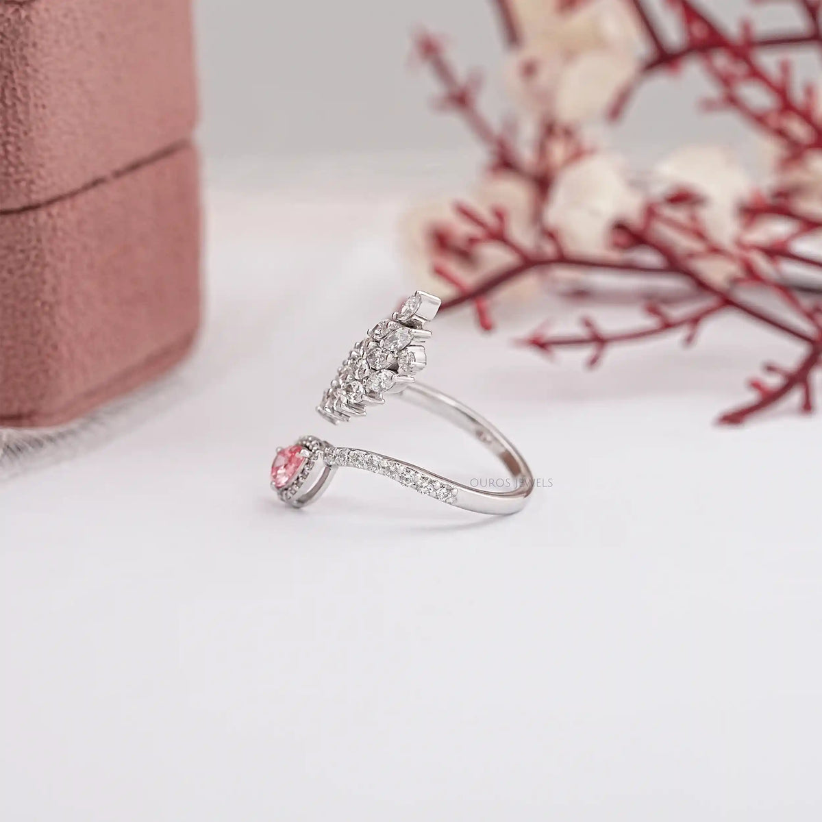Pink Pear And Marquise Cut Diamond Leaves Style Bypass Ring Ring
