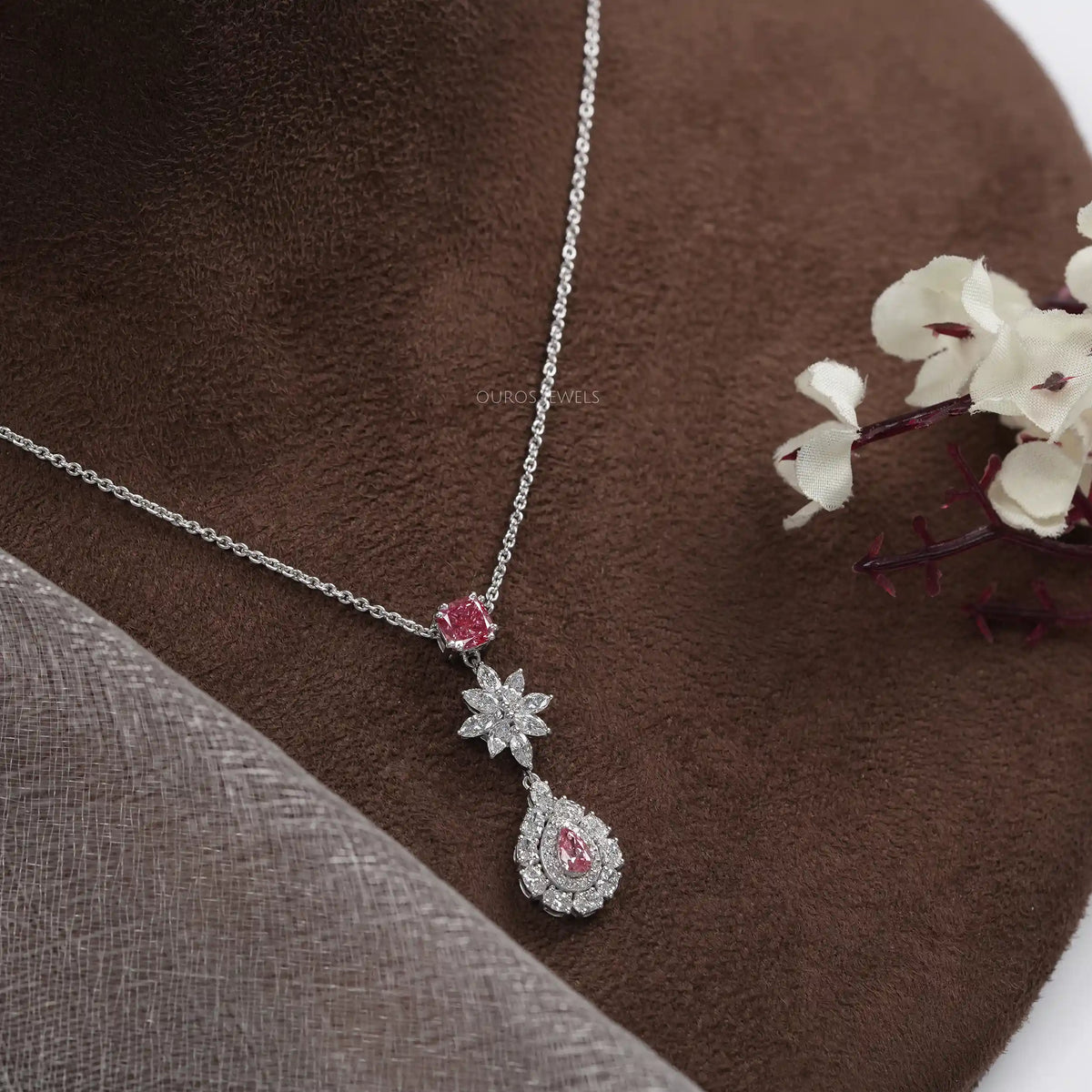 Pink Pear Diamond Double Halo Drop Pendant Necklaces