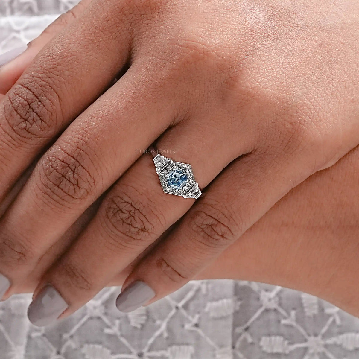 Blue Hexagon Cut Lab Diamond Three Stone Halo Ring Ring