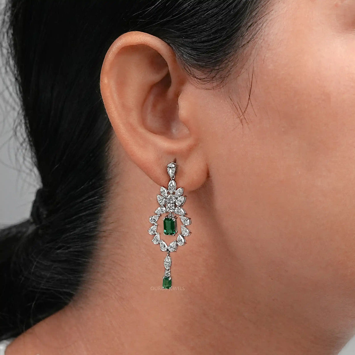 Green Emerald And Lab Diamond Dangle Earrings Earrings