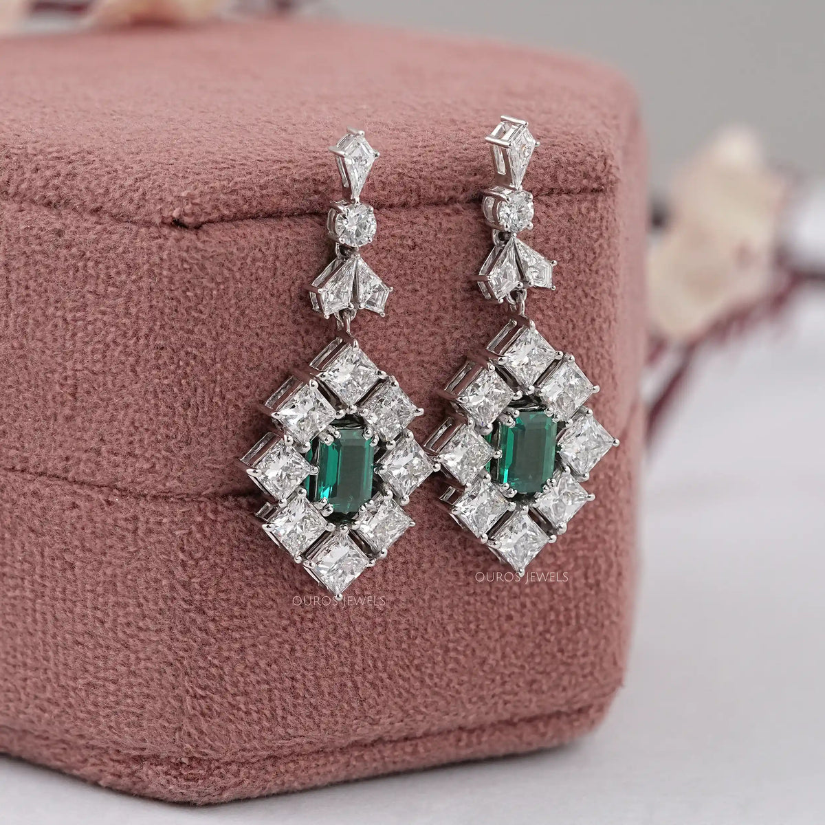 Green Emerald And Princess Diamond Halo Earrings Earrings
