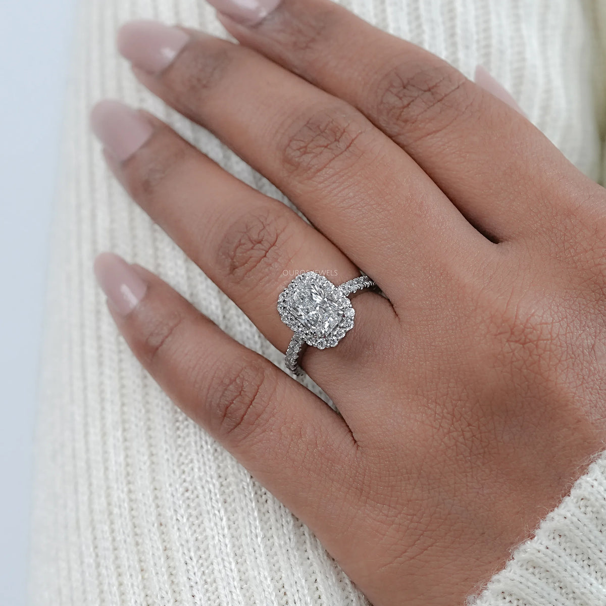 Radiant Cut Halo Solitaire Accent Engagement Ring Ring