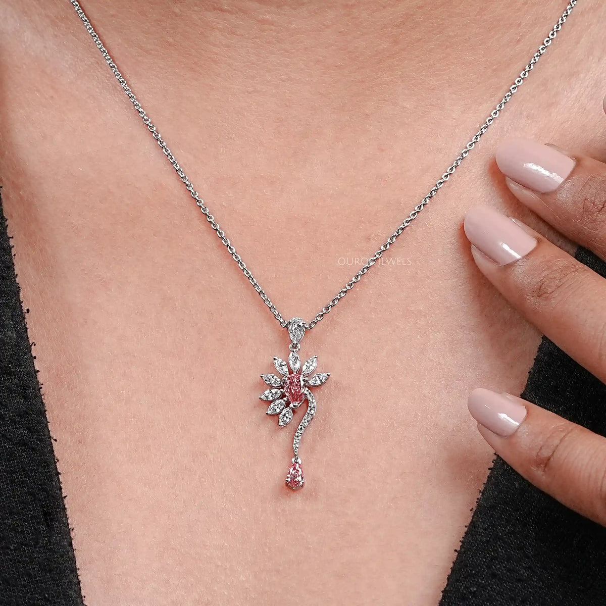 Pink Pear Lab Diamond Flower Shape Pendant Necklaces