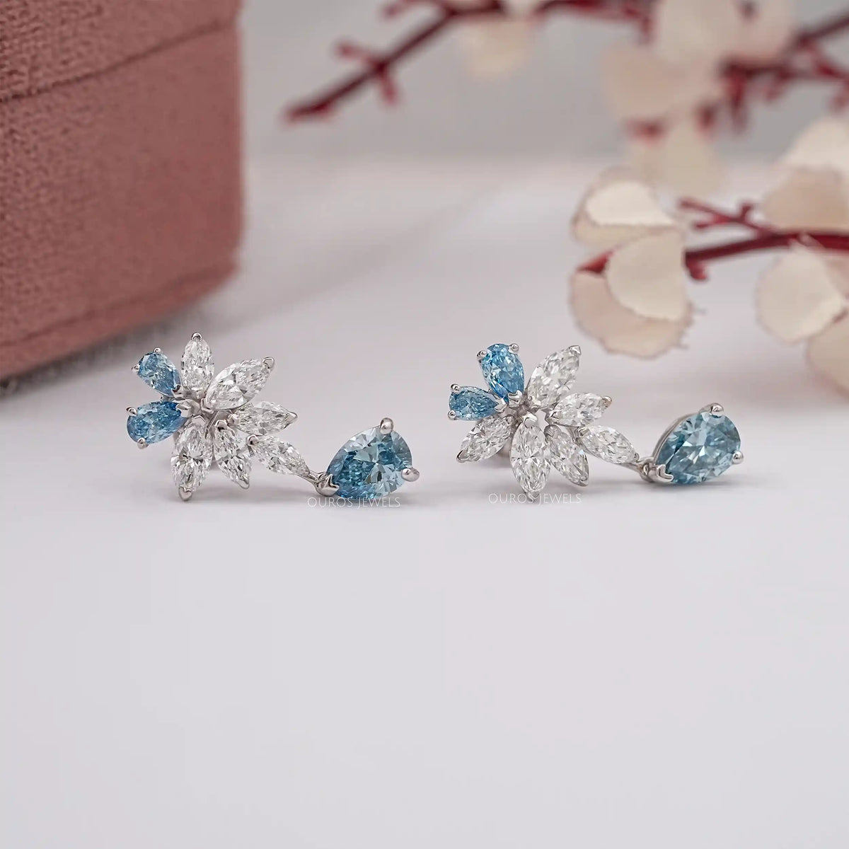 Fancy Blue Pear Diamond Cluster Drop Earrings Earrings