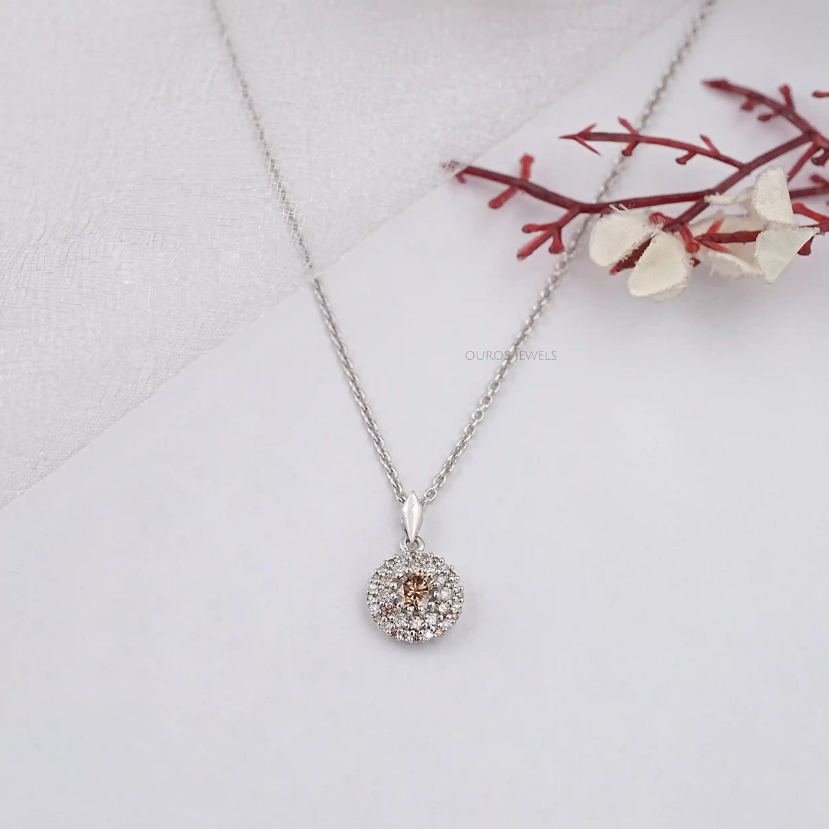 Brown Round Diamond Double Halo Pendant Necklaces