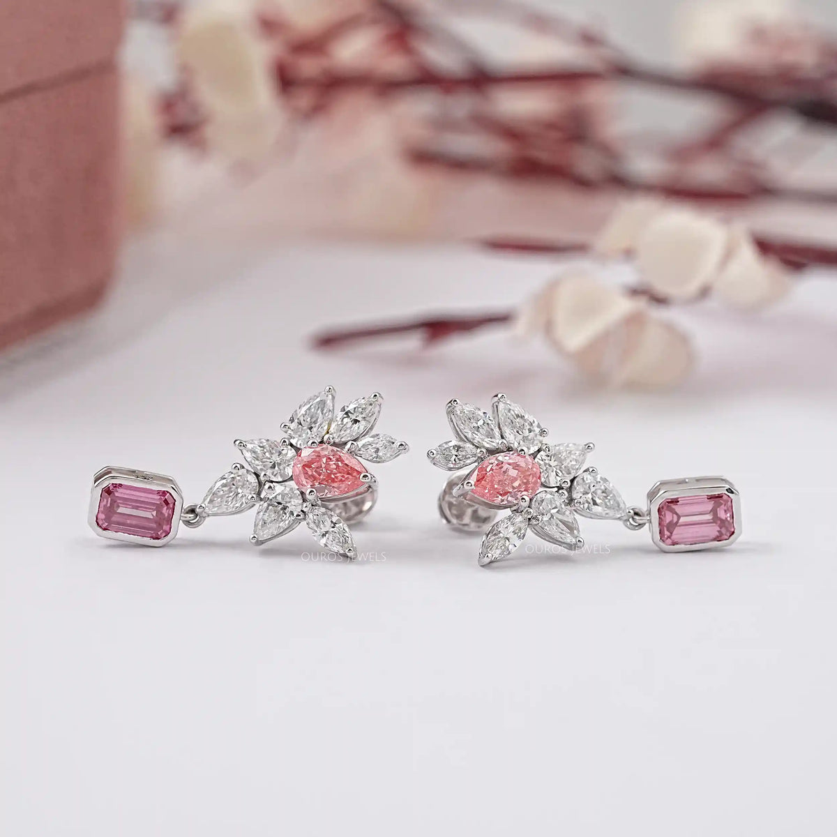 Pink Emerald And Pear Diamond Cluster Drop Earrings Earrings