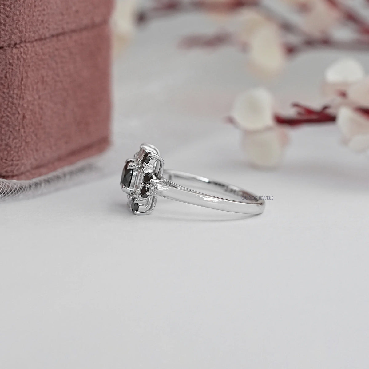 Black Round Diamond Halo Engagement Ring Rings