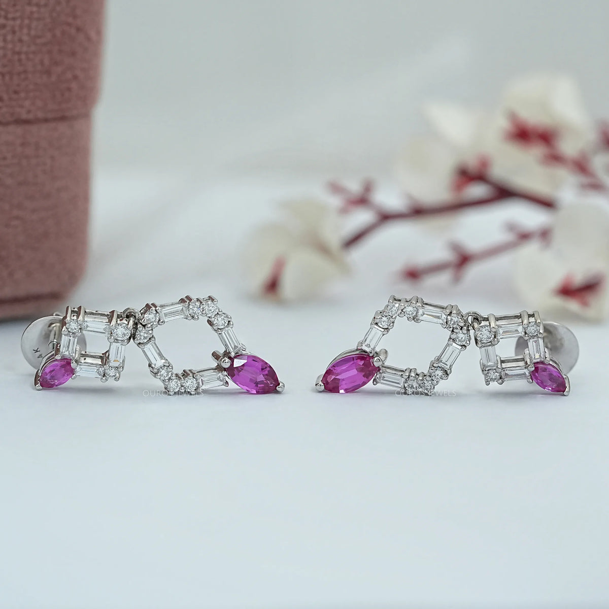 Pink Marquise Gemstone And Diamond Drop Earrings Earrings