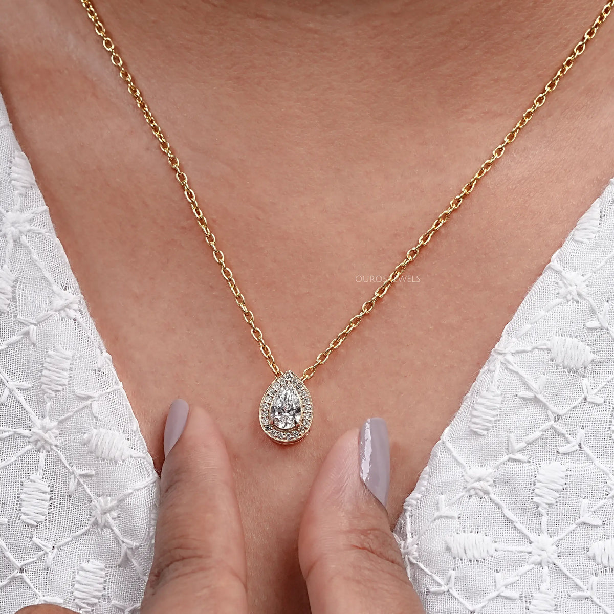 Pear Cut Lab Diamond Halo Pendant Necklaces