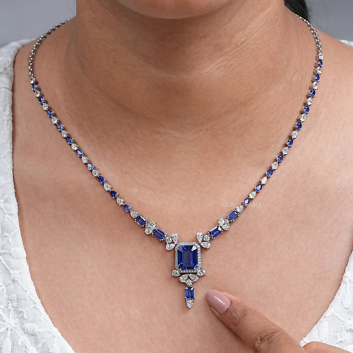 Sapphire Emerald And Pear Diamond Necklace