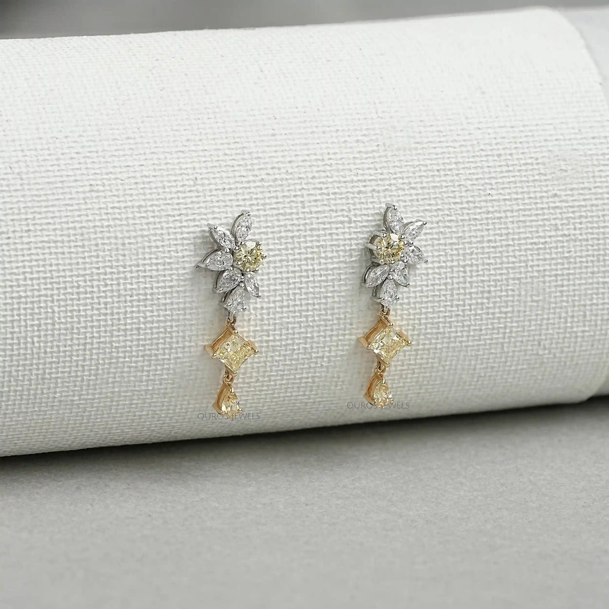Yellow And White Diamond Floral Drop Earrings Earrings