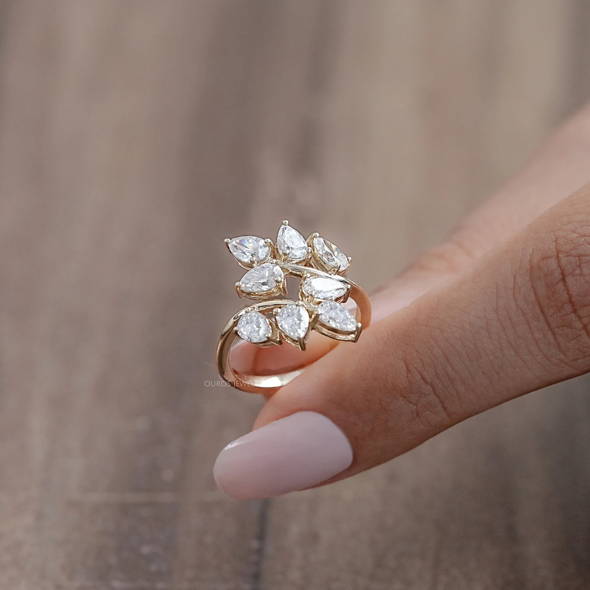 Diamond Pear Cluster Leaf Design Ring