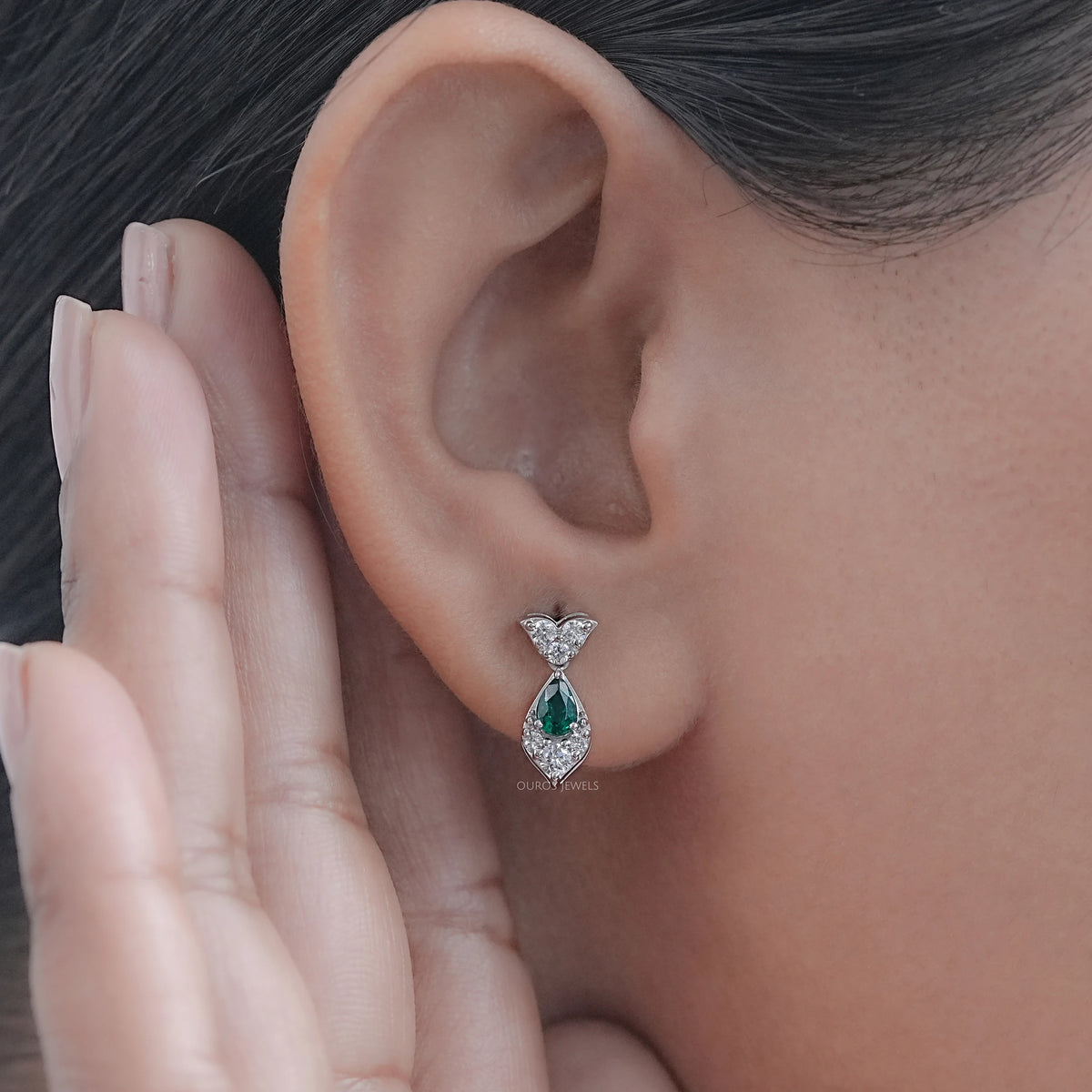 Green Pear And Round Diamond Drop Earrings