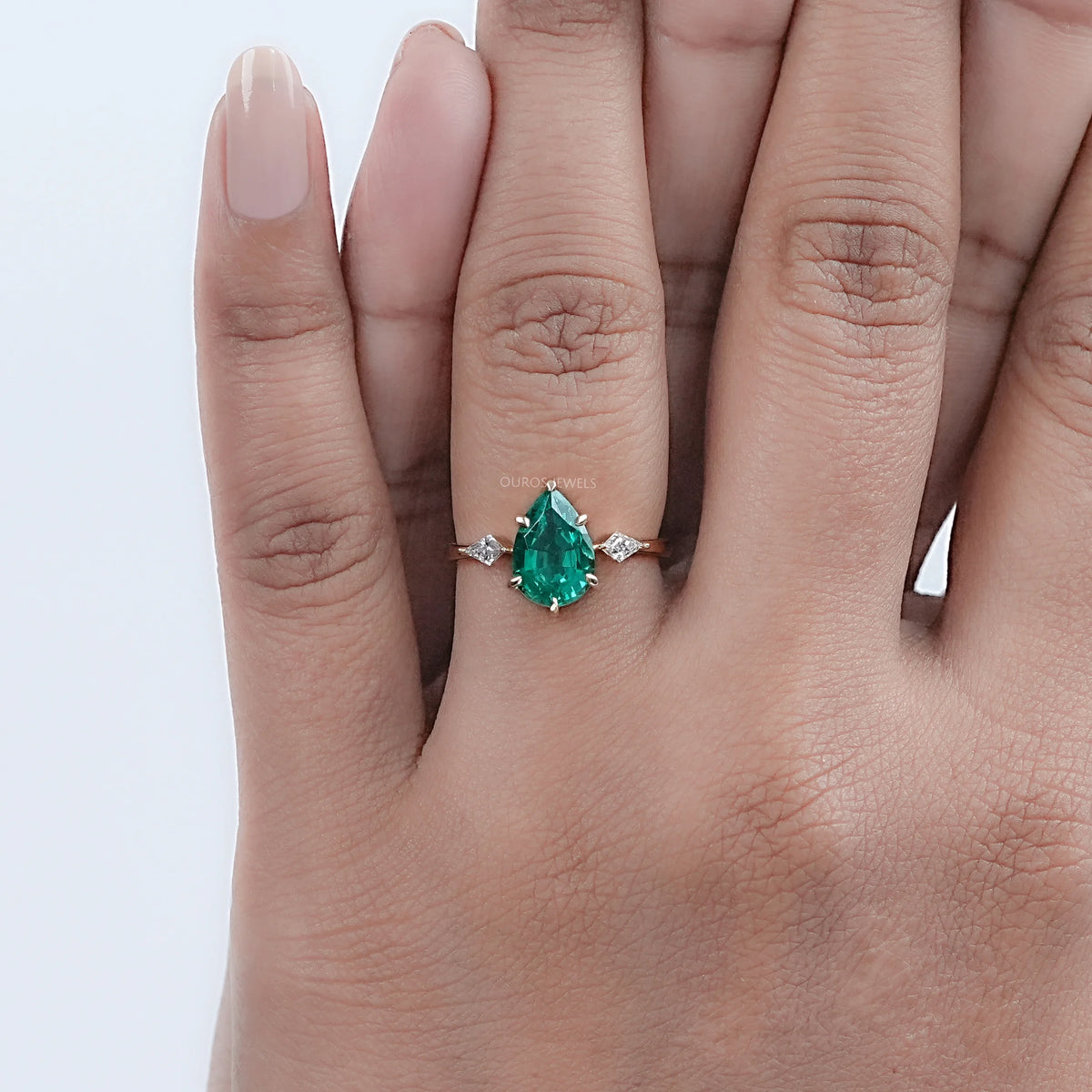 Green Pear And Kite Cut Three Stone Engagement Ring