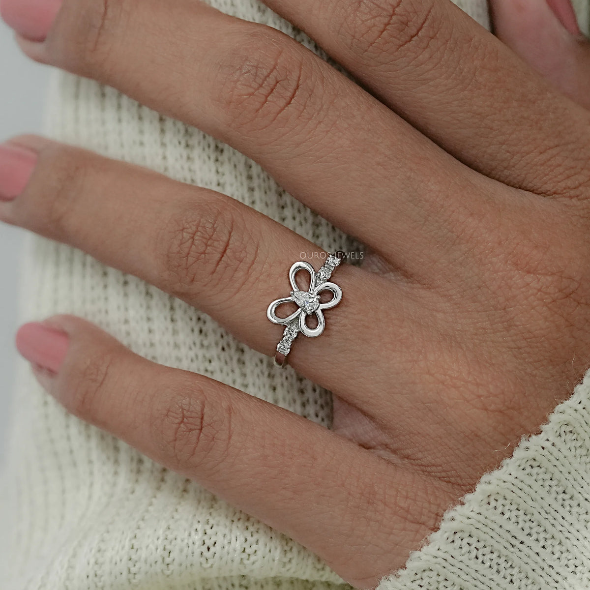 Pear Diamond Butterfly Shaped Dainty Ring Rings