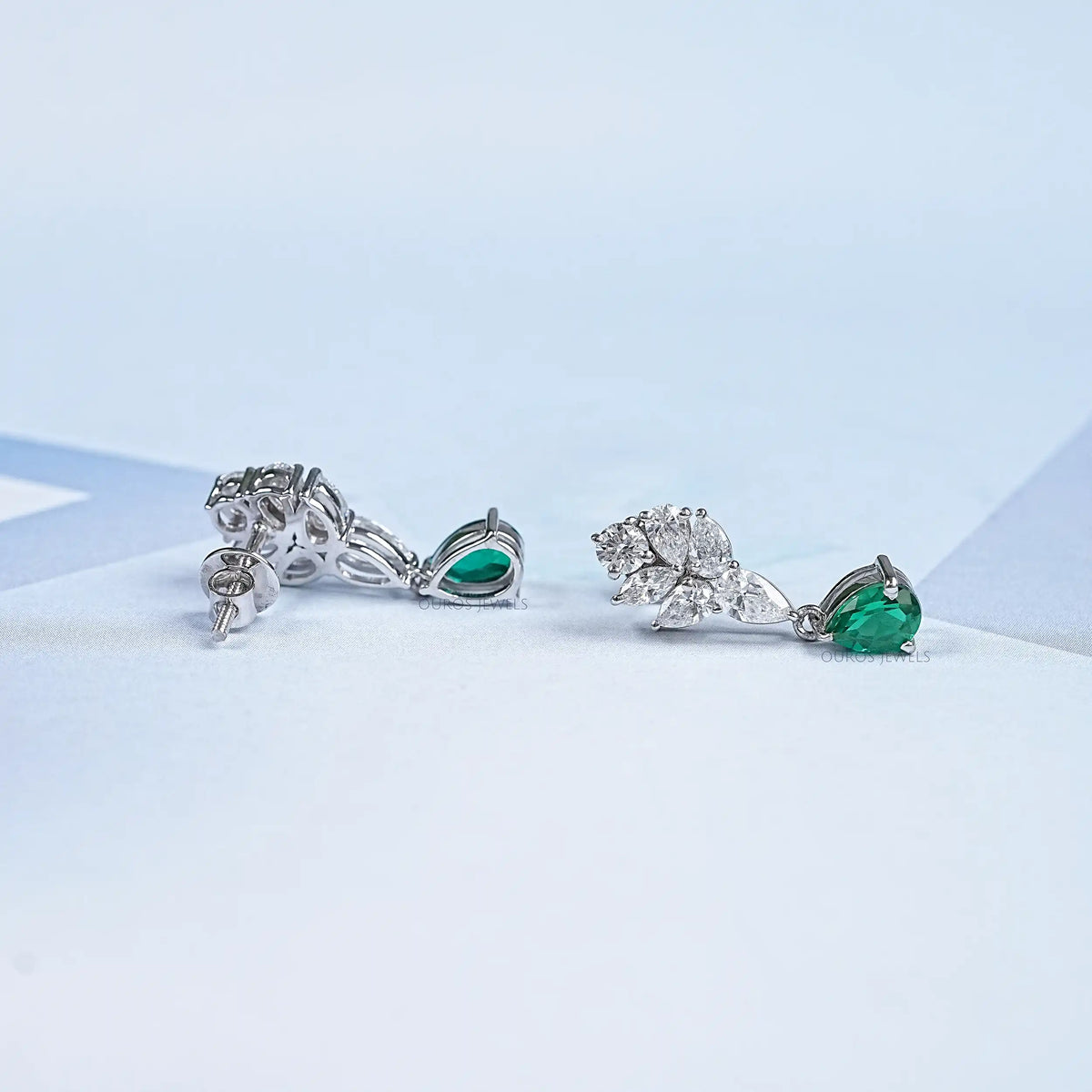 Green Emerald And Pear Diamond Cluster Earrings