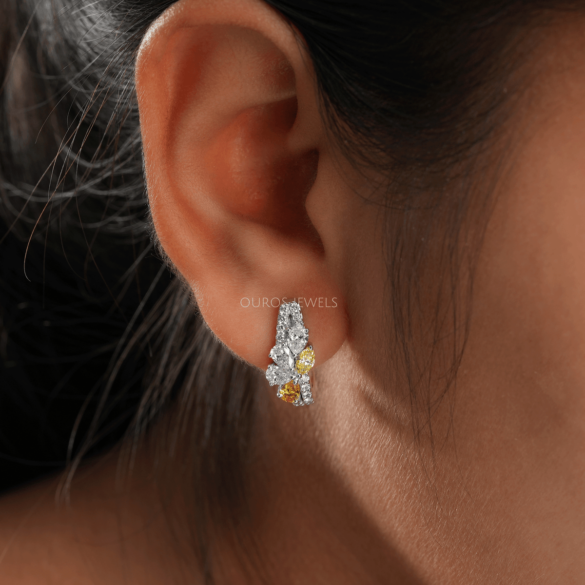 Yellow Pear And Round Cut Cluster Diamond Earrings Earrings