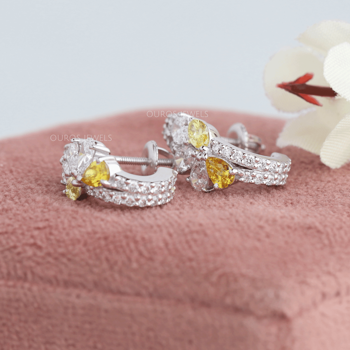 Yellow Pear And Round Cut Cluster Diamond Earrings Earrings