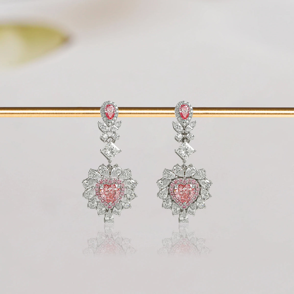 Pink Heart Cut Double Halo Drop Dangle Earrings Earrings