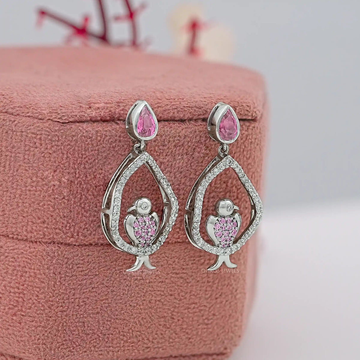 Bezel Set Pink Pear Cut Gemstone Dangle Bird Earrings Earrings