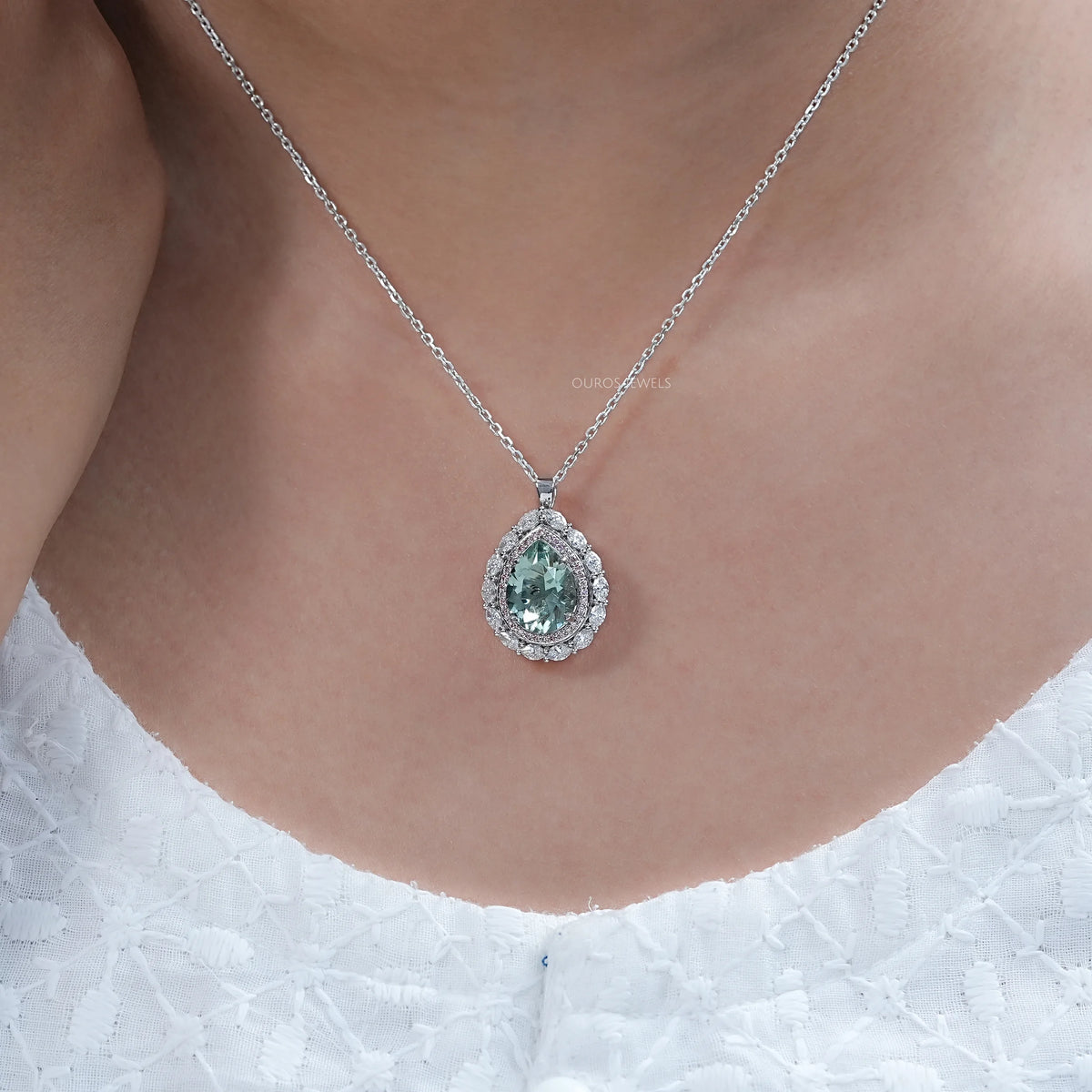 Aquamarine Pear Gemstone Double Halo Pendant