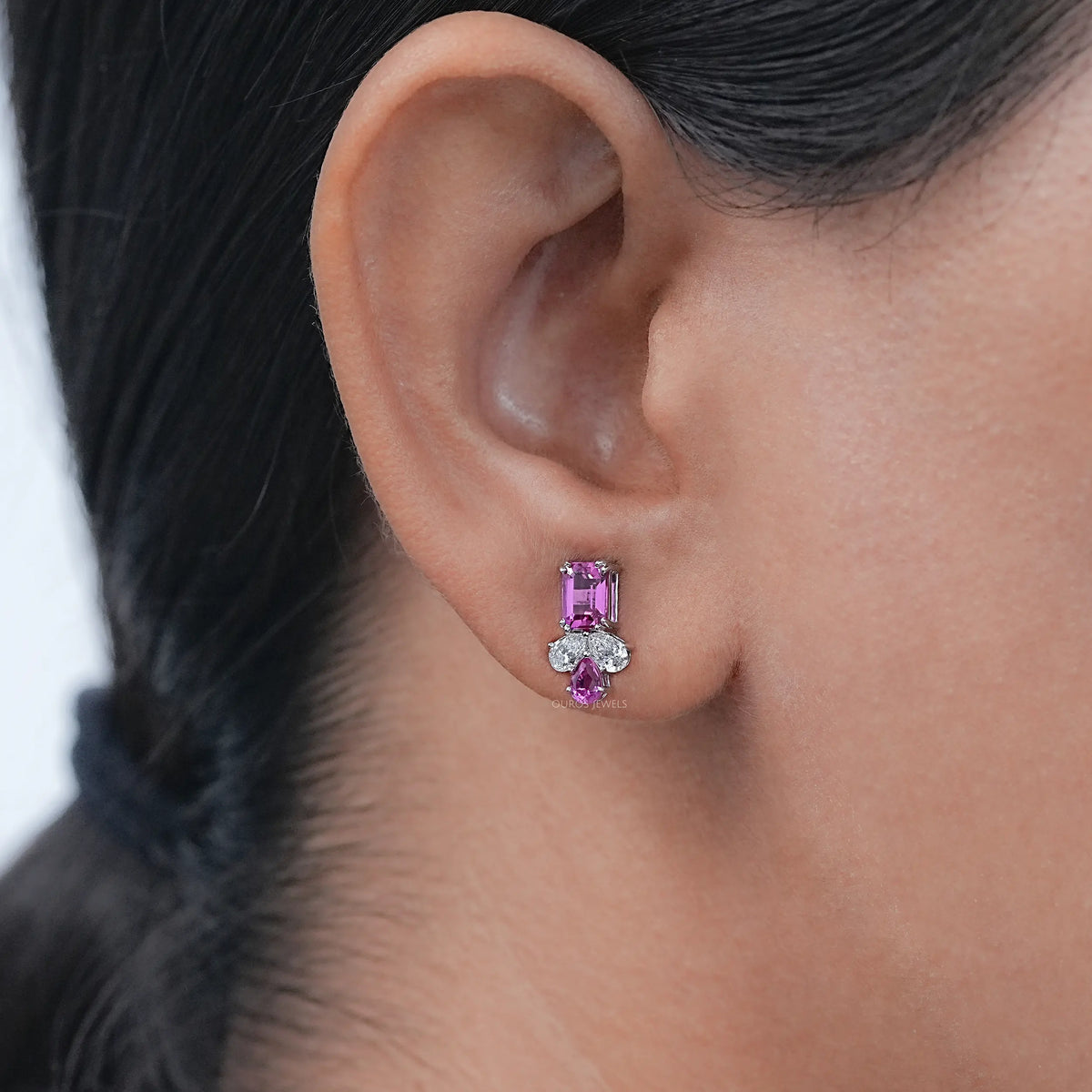Lab Pink Emerald Gemstone Stud Earrings Earrings