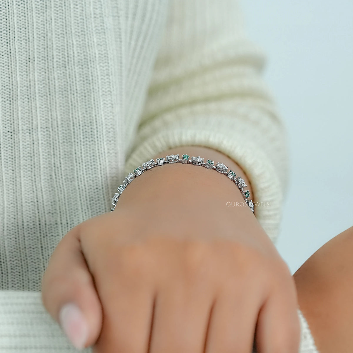 Green Gemstone And Princess Diamond Linked Bracelet