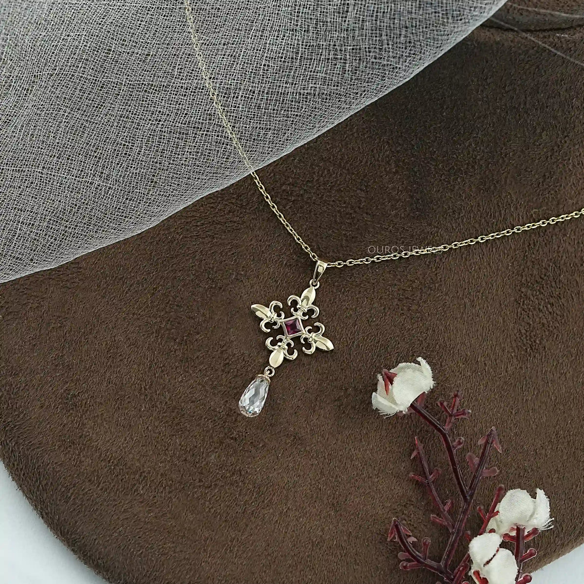 Princess Ruby Gemstone Fleur De Lis Pendant Necklaces