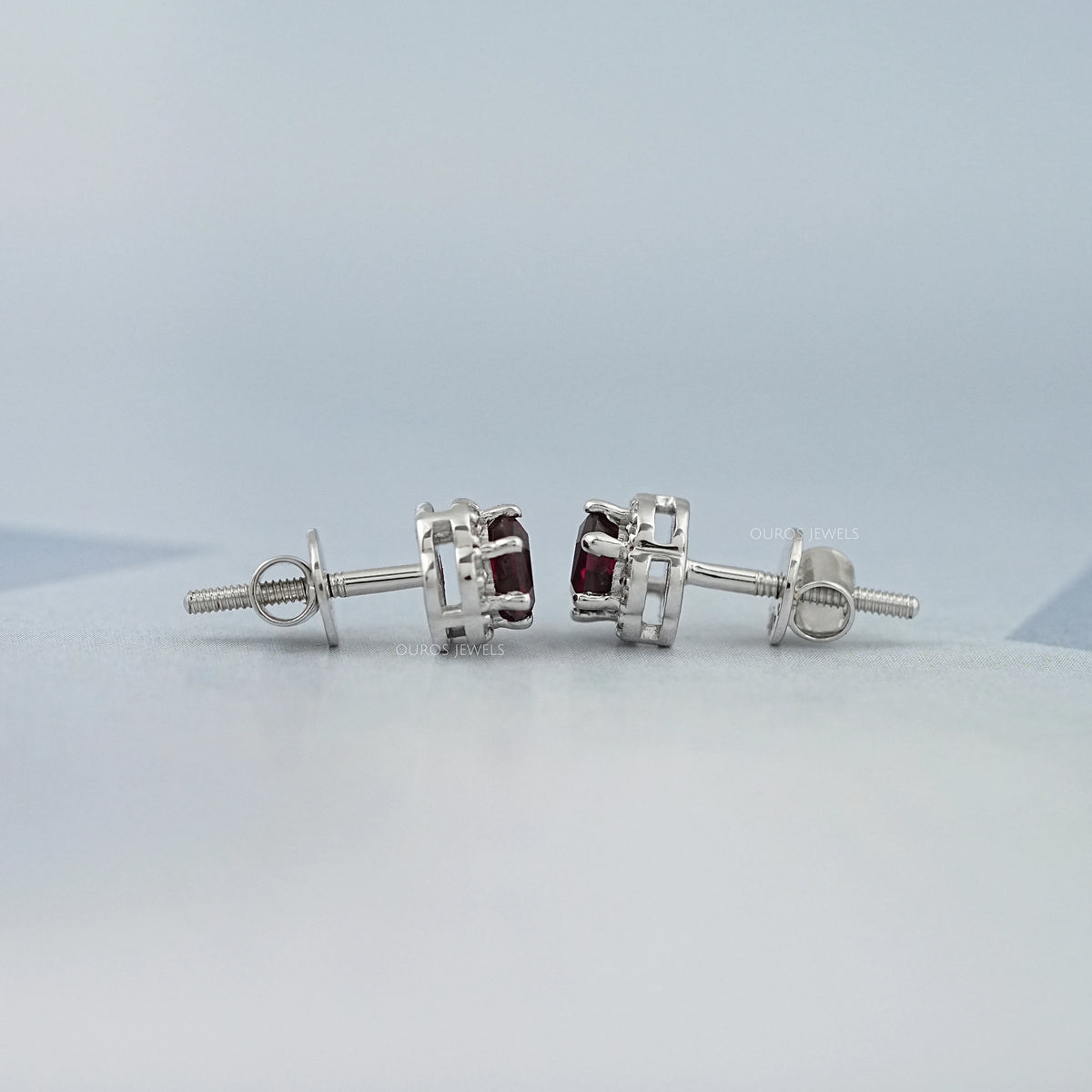 Hexagon Cut Red Ruby Gemstone Halo Stud Earrings Earring