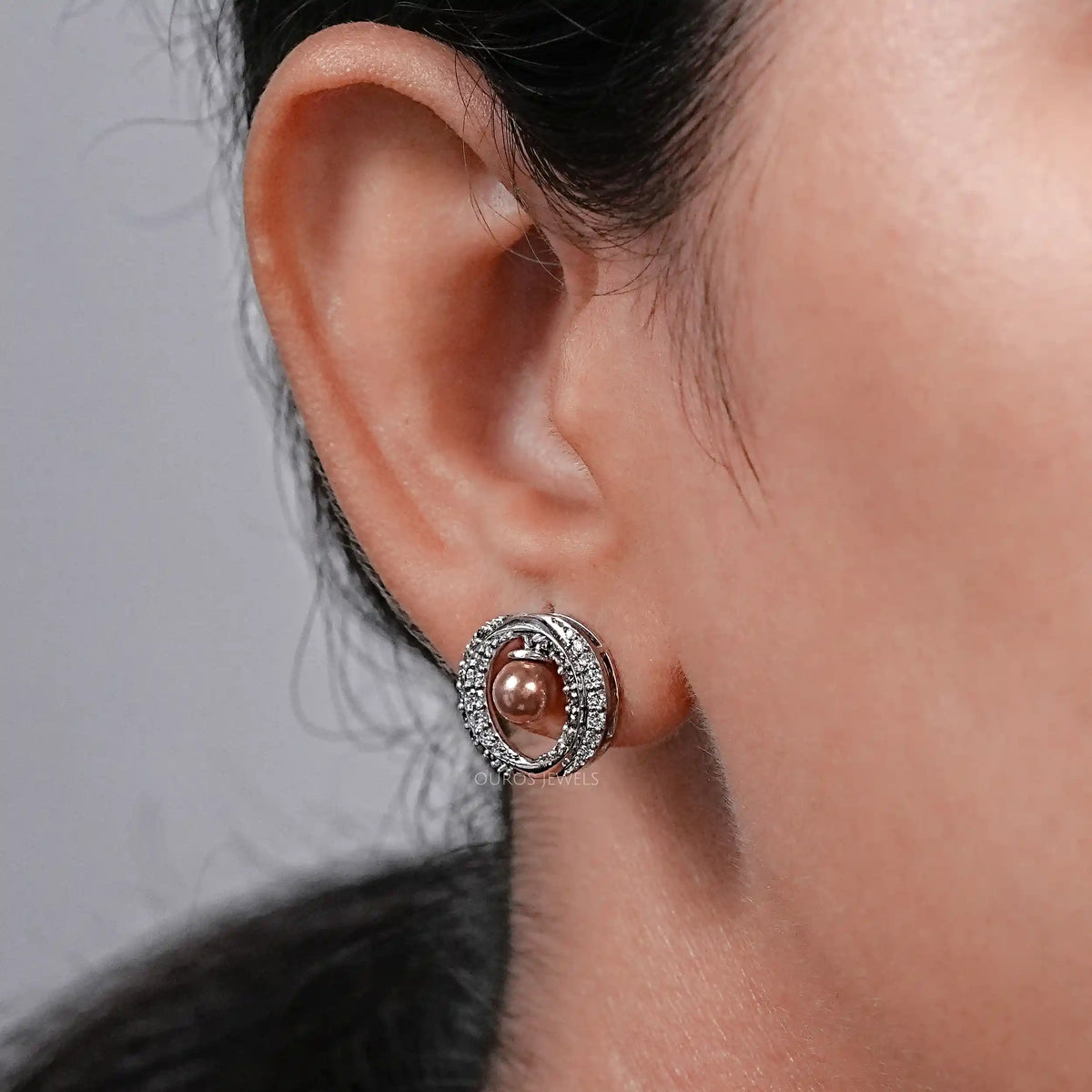 Round Diamond Halo Pearl Earrings