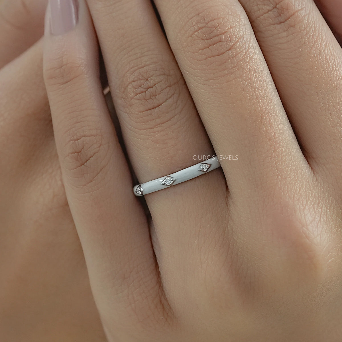 White Enamel Round Diamond Wedding Band Ring