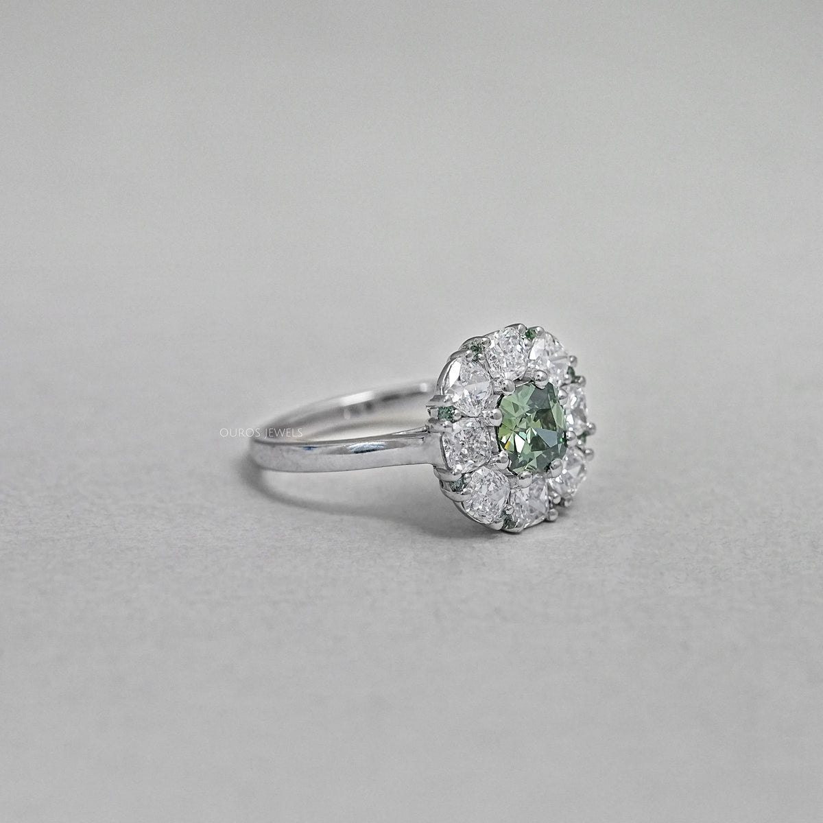 Green Cushion Diamond Halo Engagement Ring