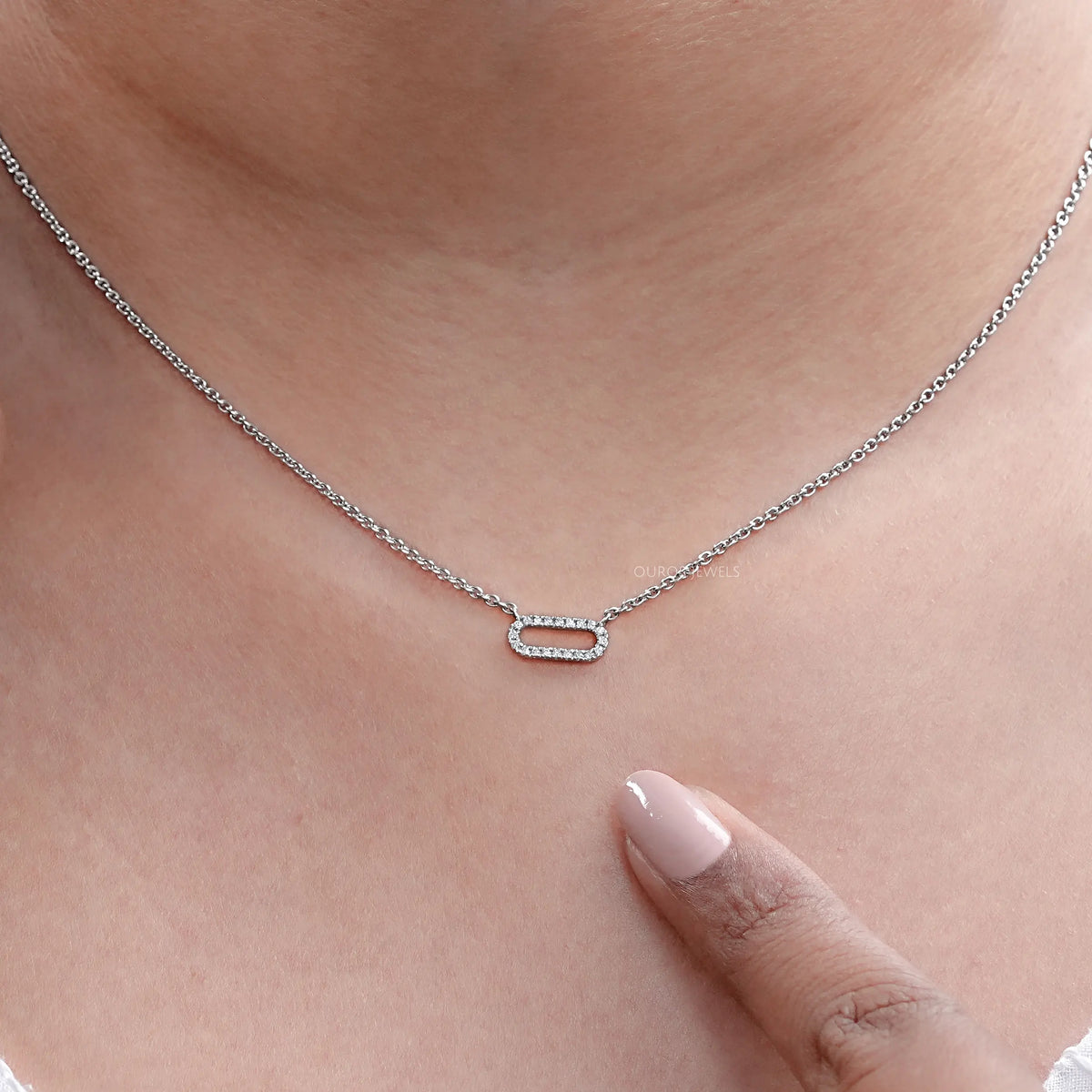Open Rectangle Round Lab Diamond Link Pendant Necklaces