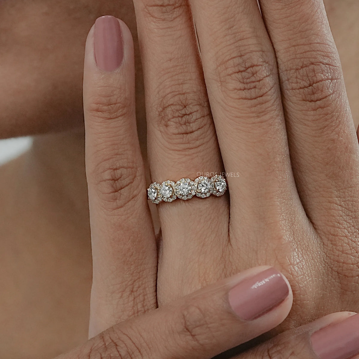 Five Stone Halo Round Diamond Wedding Band Rings