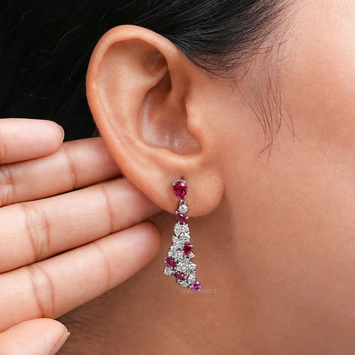 Ruby Pear Gemstone Cluster Dangle Earrings
