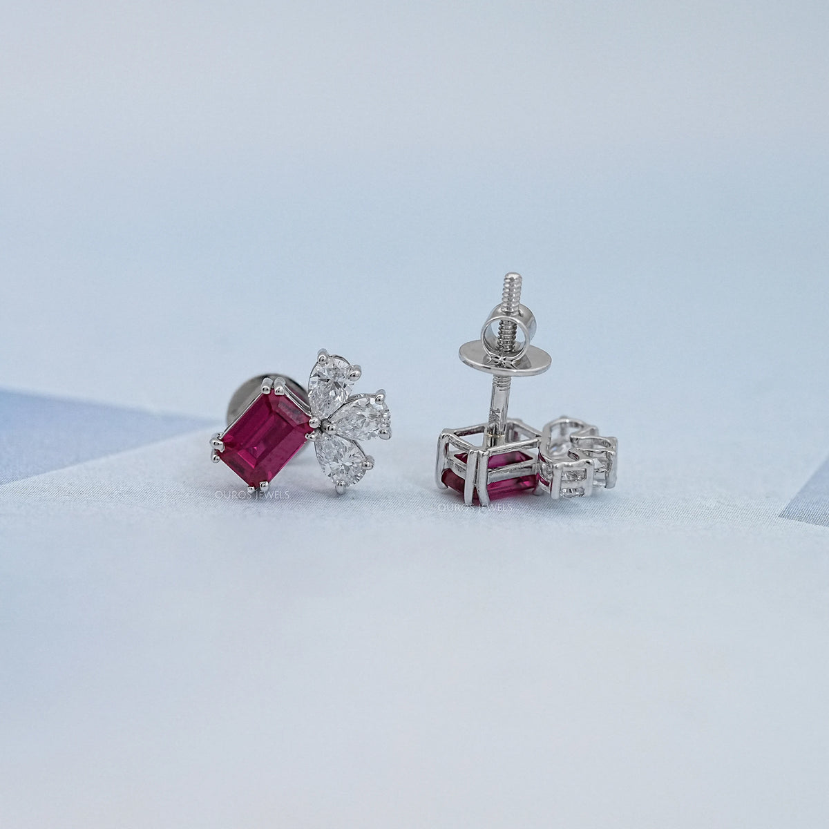 Ruby Emerald Gemstone And Pear Diamond Earrings