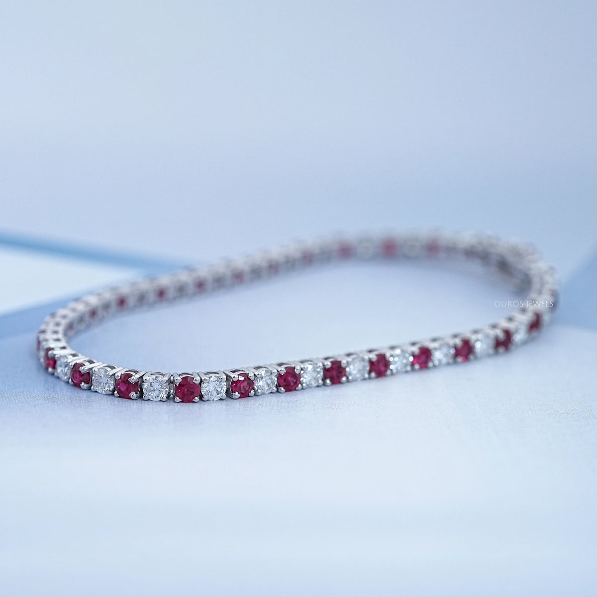 Ruby Round Gemstone And Lab Diamond Tennis Bracelet