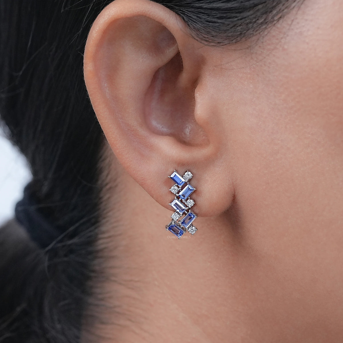 Sapphire Baguette And Round Diamond Drop Earrings