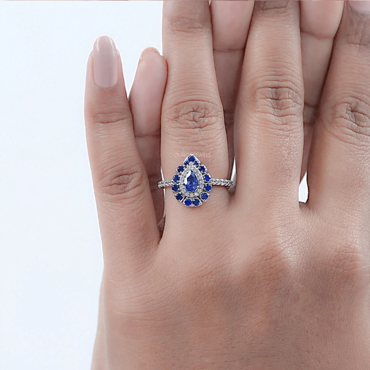 Blue Pear And Round Cut Double Halo Solitaire Accent Ring