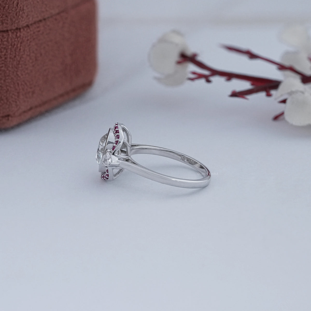 Bezel OEC Round Cut And Pink Sapphire Halo Engagement Ring