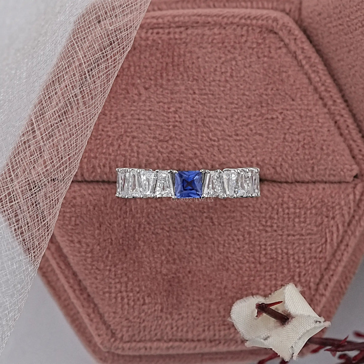 Sapphire Princess And Tapered Baguette Cut Half Eternity Band Rings