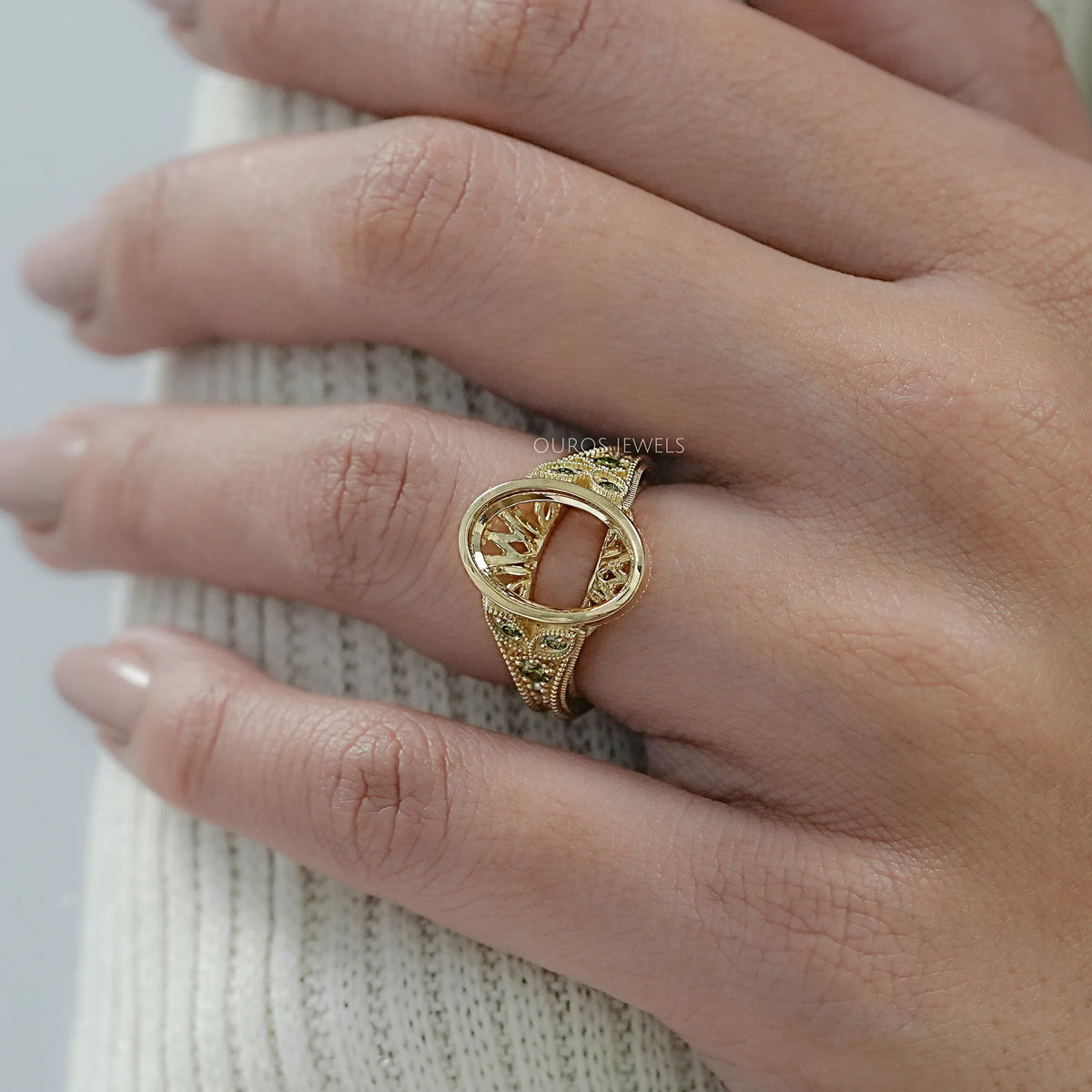 Oval Shape Accent Diamond Milgrain Set Semi-Mount Ring Ring
